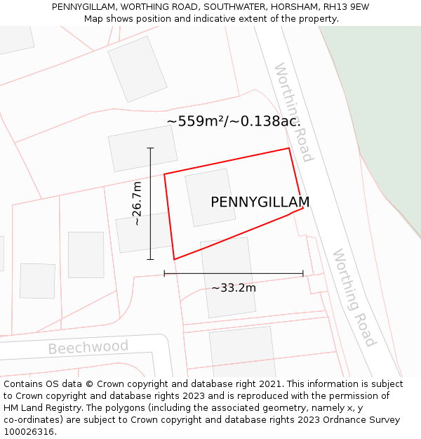 PENNYGILLAM, WORTHING ROAD, SOUTHWATER, HORSHAM, RH13 9EW: Plot and title map