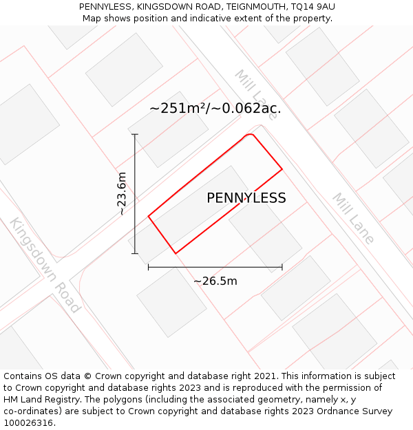 PENNYLESS, KINGSDOWN ROAD, TEIGNMOUTH, TQ14 9AU: Plot and title map