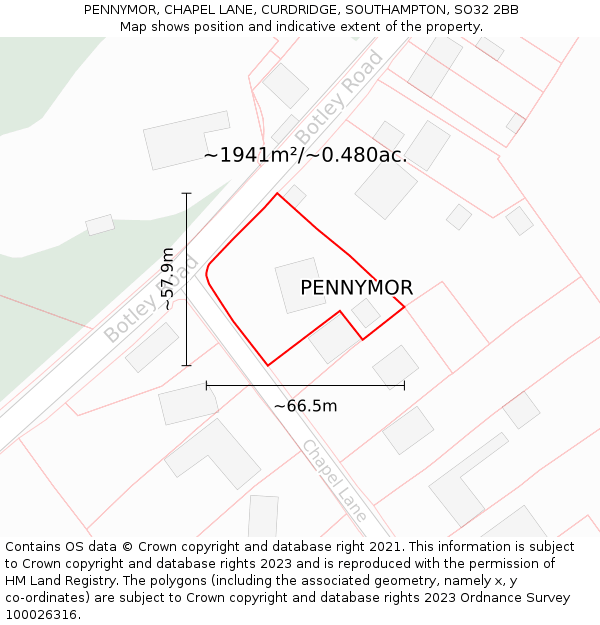 PENNYMOR, CHAPEL LANE, CURDRIDGE, SOUTHAMPTON, SO32 2BB: Plot and title map