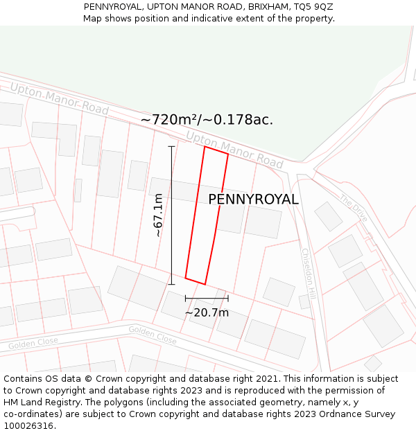 PENNYROYAL, UPTON MANOR ROAD, BRIXHAM, TQ5 9QZ: Plot and title map