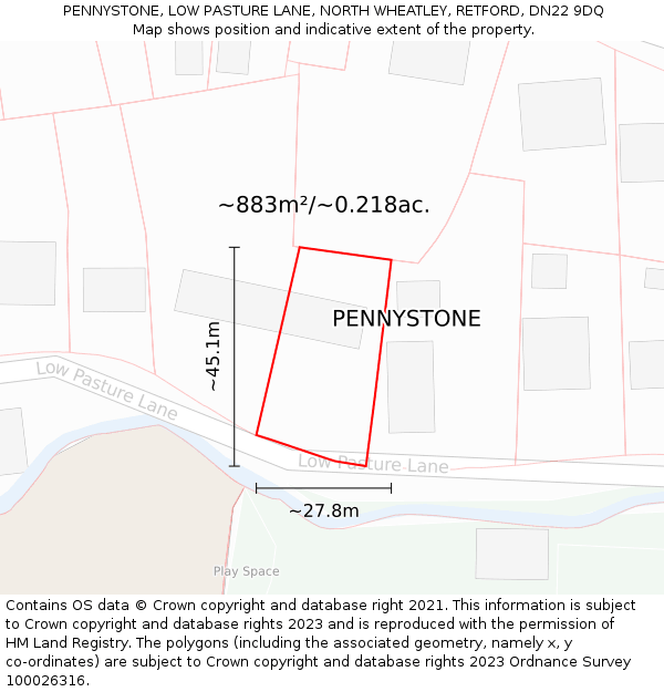 PENNYSTONE, LOW PASTURE LANE, NORTH WHEATLEY, RETFORD, DN22 9DQ: Plot and title map