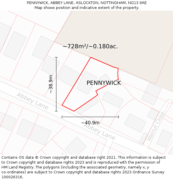 PENNYWICK, ABBEY LANE, ASLOCKTON, NOTTINGHAM, NG13 9AE: Plot and title map