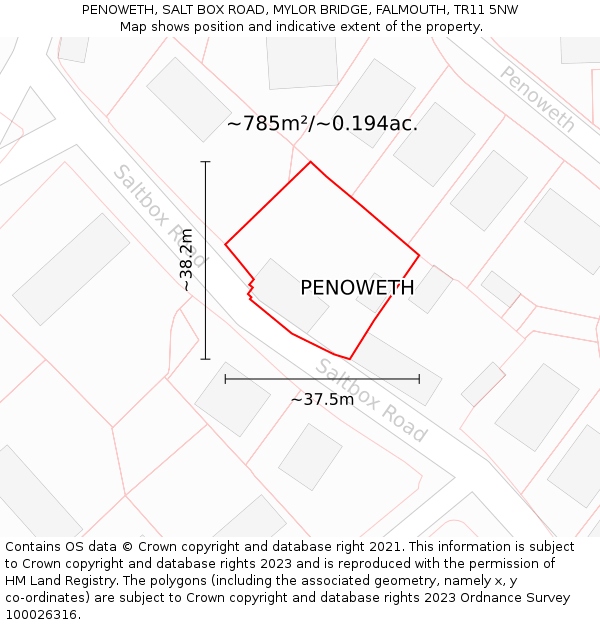 PENOWETH, SALT BOX ROAD, MYLOR BRIDGE, FALMOUTH, TR11 5NW: Plot and title map