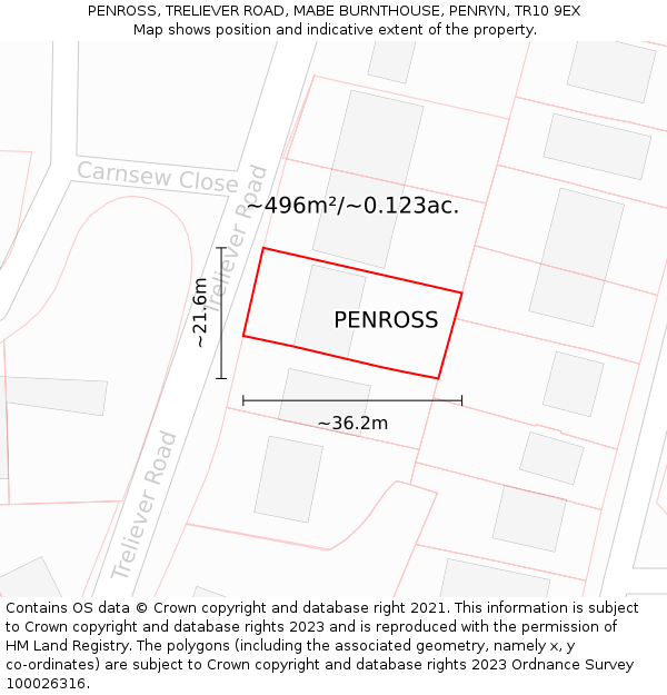 PENROSS, TRELIEVER ROAD, MABE BURNTHOUSE, PENRYN, TR10 9EX: Plot and title map