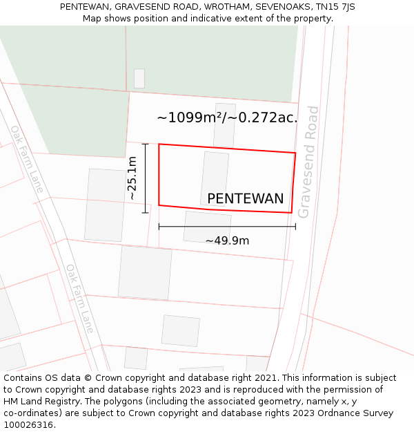 PENTEWAN, GRAVESEND ROAD, WROTHAM, SEVENOAKS, TN15 7JS: Plot and title map
