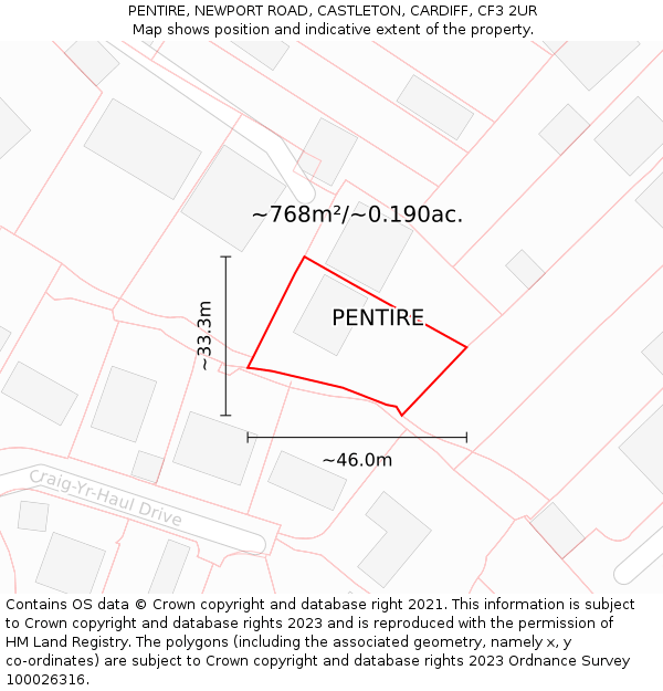 PENTIRE, NEWPORT ROAD, CASTLETON, CARDIFF, CF3 2UR: Plot and title map