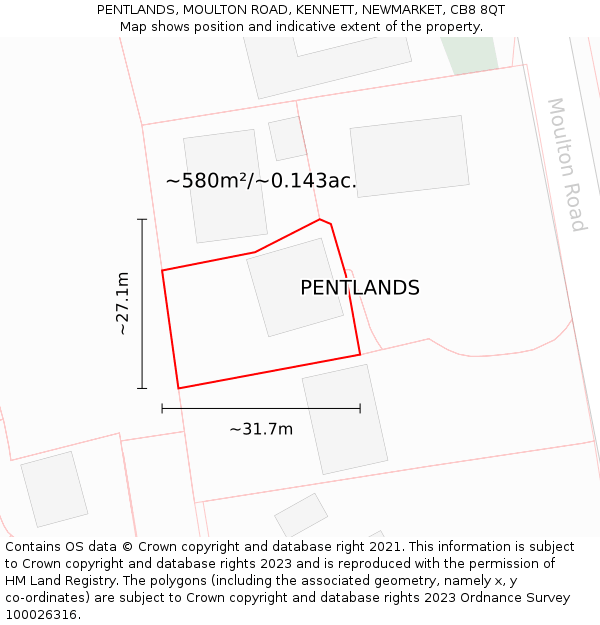 PENTLANDS, MOULTON ROAD, KENNETT, NEWMARKET, CB8 8QT: Plot and title map