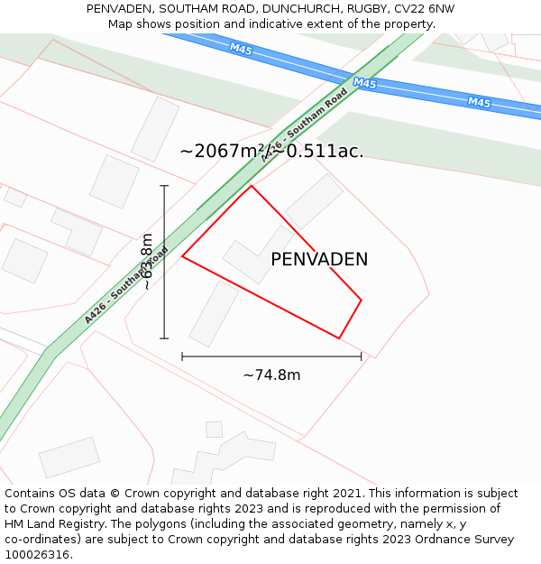 PENVADEN, SOUTHAM ROAD, DUNCHURCH, RUGBY, CV22 6NW: Plot and title map