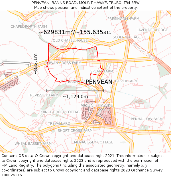 PENVEAN, BANNS ROAD, MOUNT HAWKE, TRURO, TR4 8BW: Plot and title map