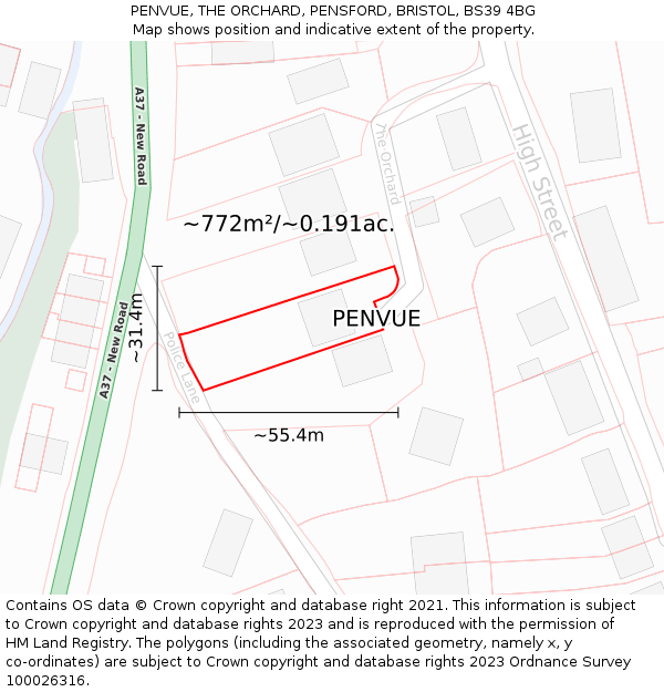 PENVUE, THE ORCHARD, PENSFORD, BRISTOL, BS39 4BG: Plot and title map