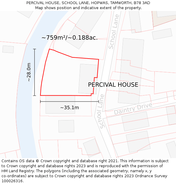 PERCIVAL HOUSE, SCHOOL LANE, HOPWAS, TAMWORTH, B78 3AD: Plot and title map