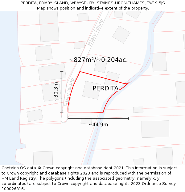PERDITA, FRIARY ISLAND, WRAYSBURY, STAINES-UPON-THAMES, TW19 5JS: Plot and title map