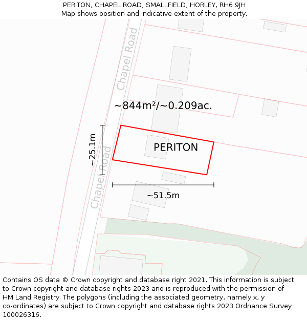 PERITON, CHAPEL ROAD, SMALLFIELD, HORLEY, RH6 9JH: Plot and title map