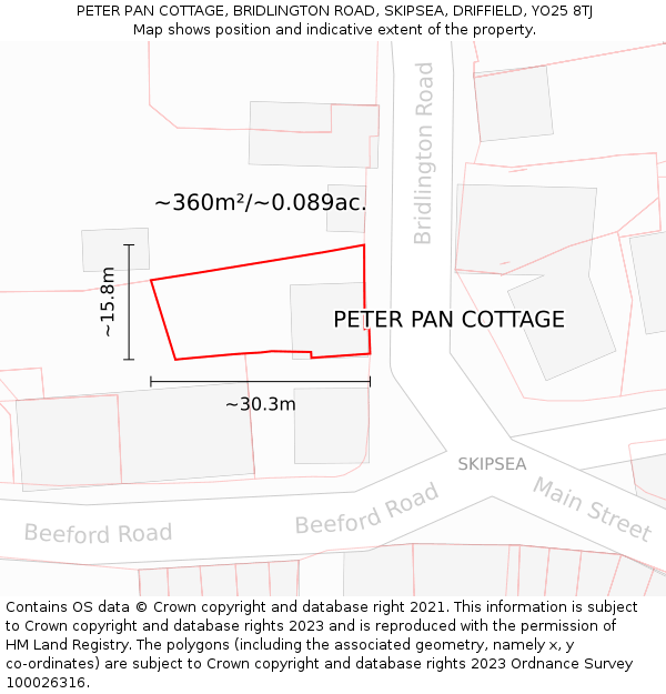 PETER PAN COTTAGE, BRIDLINGTON ROAD, SKIPSEA, DRIFFIELD, YO25 8TJ: Plot and title map