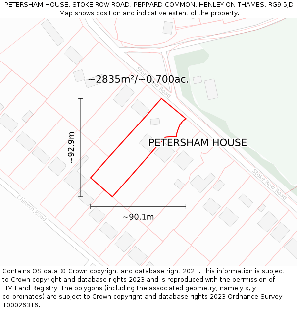 PETERSHAM HOUSE, STOKE ROW ROAD, PEPPARD COMMON, HENLEY-ON-THAMES, RG9 5JD: Plot and title map