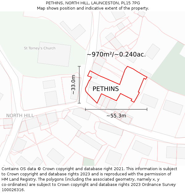 PETHINS, NORTH HILL, LAUNCESTON, PL15 7PG: Plot and title map
