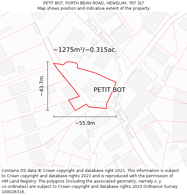 PETIT BOT, PORTH BEAN ROAD, NEWQUAY, TR7 3LT: Plot and title map