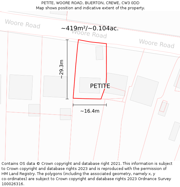 PETITE, WOORE ROAD, BUERTON, CREWE, CW3 0DD: Plot and title map