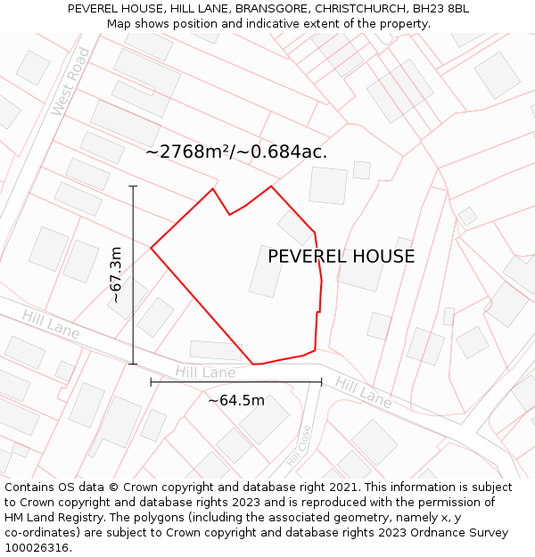 PEVEREL HOUSE, HILL LANE, BRANSGORE, CHRISTCHURCH, BH23 8BL: Plot and title map