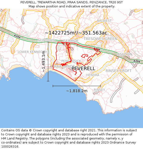 PEVERELL, TREWARTHA ROAD, PRAA SANDS, PENZANCE, TR20 9ST: Plot and title map