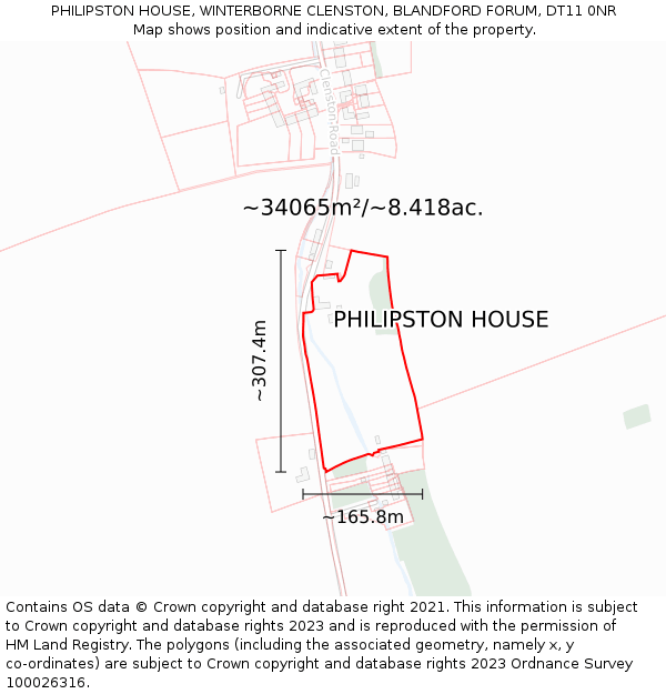 PHILIPSTON HOUSE, WINTERBORNE CLENSTON, BLANDFORD FORUM, DT11 0NR: Plot and title map