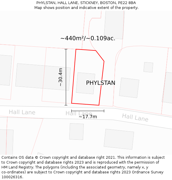 PHYLSTAN, HALL LANE, STICKNEY, BOSTON, PE22 8BA: Plot and title map
