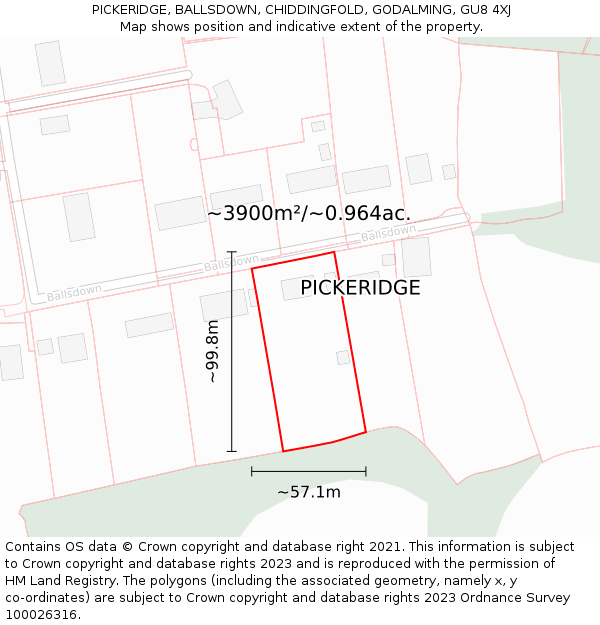 PICKERIDGE, BALLSDOWN, CHIDDINGFOLD, GODALMING, GU8 4XJ: Plot and title map