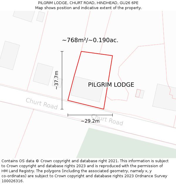 PILGRIM LODGE, CHURT ROAD, HINDHEAD, GU26 6PE: Plot and title map