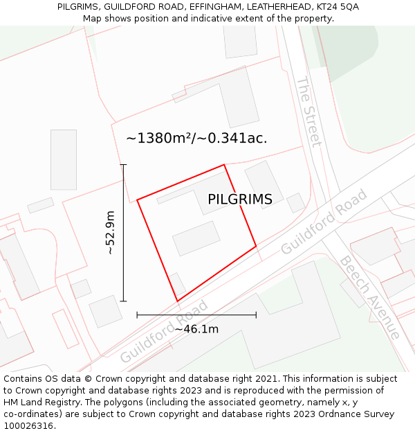 PILGRIMS, GUILDFORD ROAD, EFFINGHAM, LEATHERHEAD, KT24 5QA: Plot and title map