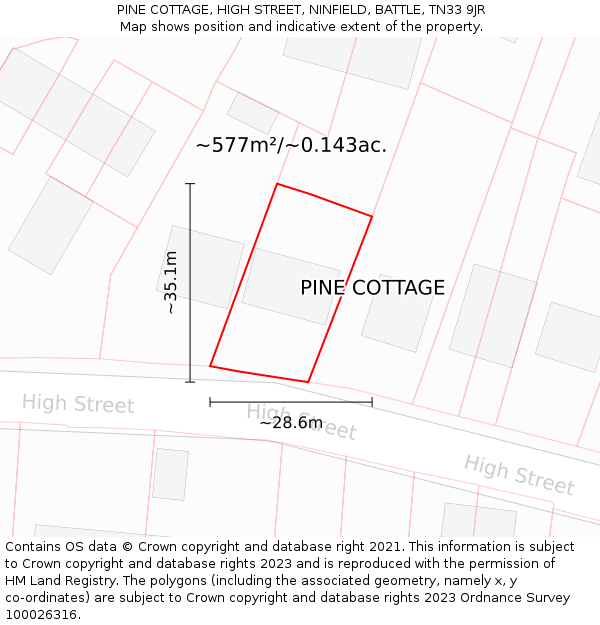 PINE COTTAGE, HIGH STREET, NINFIELD, BATTLE, TN33 9JR: Plot and title map