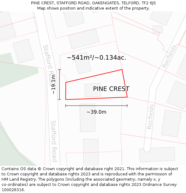 PINE CREST, STAFFORD ROAD, OAKENGATES, TELFORD, TF2 6JS: Plot and title map