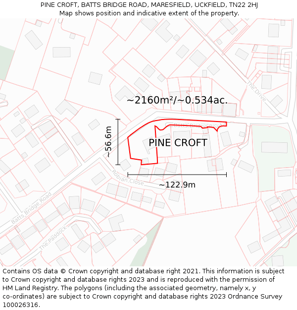 PINE CROFT, BATTS BRIDGE ROAD, MARESFIELD, UCKFIELD, TN22 2HJ: Plot and title map