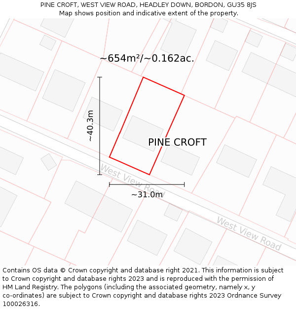PINE CROFT, WEST VIEW ROAD, HEADLEY DOWN, BORDON, GU35 8JS: Plot and title map