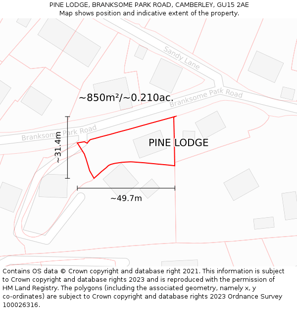 PINE LODGE, BRANKSOME PARK ROAD, CAMBERLEY, GU15 2AE: Plot and title map