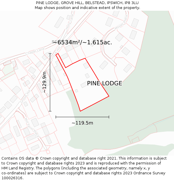 PINE LODGE, GROVE HILL, BELSTEAD, IPSWICH, IP8 3LU: Plot and title map