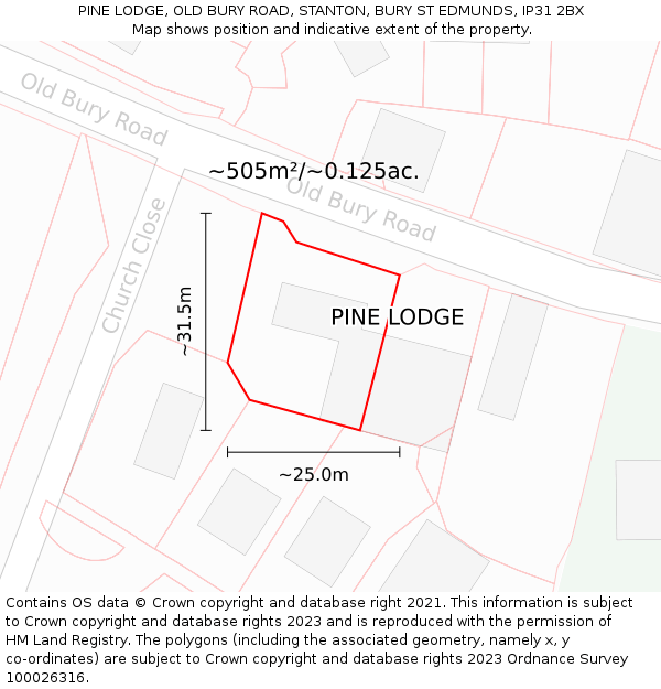 PINE LODGE, OLD BURY ROAD, STANTON, BURY ST EDMUNDS, IP31 2BX: Plot and title map