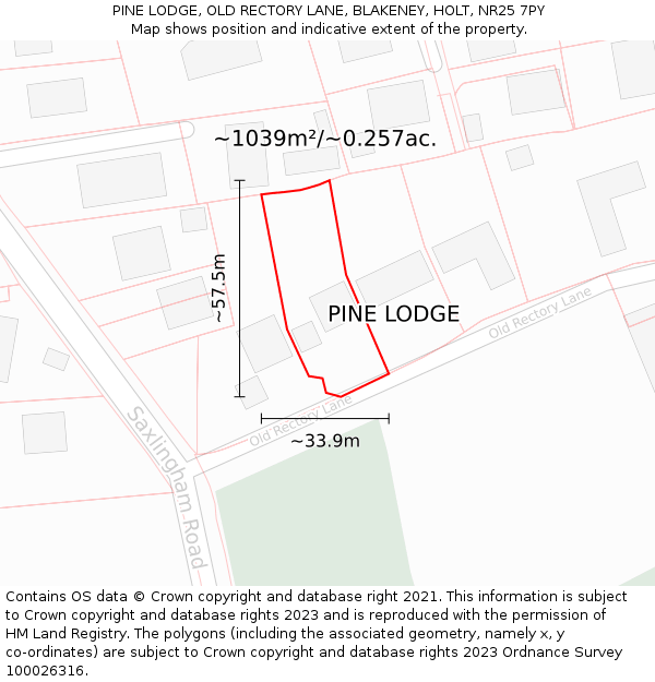 PINE LODGE, OLD RECTORY LANE, BLAKENEY, HOLT, NR25 7PY: Plot and title map
