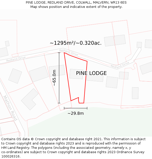 PINE LODGE, REDLAND DRIVE, COLWALL, MALVERN, WR13 6ES: Plot and title map