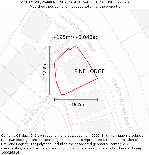 PINE LODGE, WARREN ROAD, DAWLISH WARREN, DAWLISH, EX7 0PQ: Plot and title map
