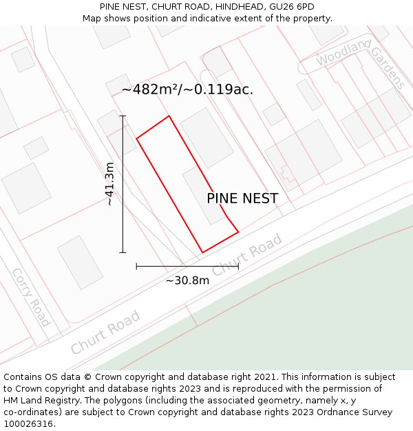 PINE NEST, CHURT ROAD, HINDHEAD, GU26 6PD: Plot and title map