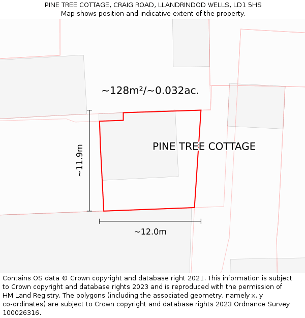 PINE TREE COTTAGE, CRAIG ROAD, LLANDRINDOD WELLS, LD1 5HS: Plot and title map