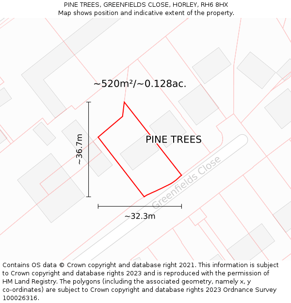 PINE TREES, GREENFIELDS CLOSE, HORLEY, RH6 8HX: Plot and title map