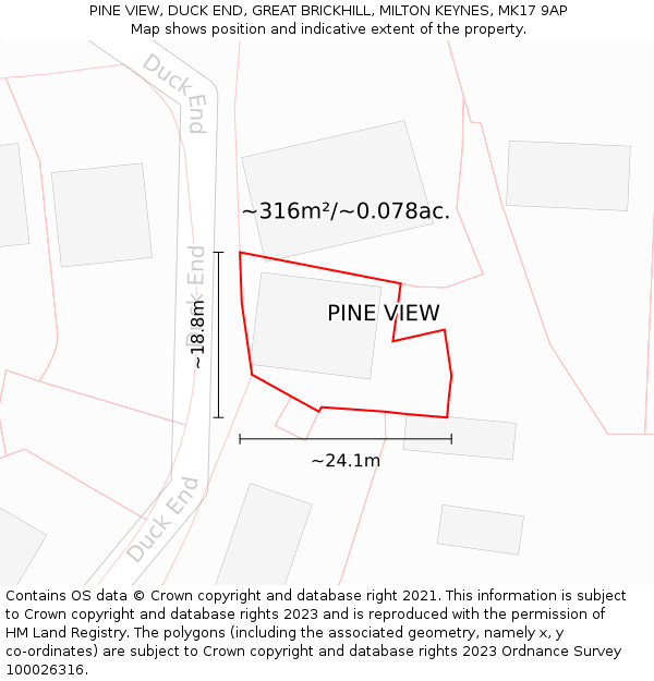 PINE VIEW, DUCK END, GREAT BRICKHILL, MILTON KEYNES, MK17 9AP: Plot and title map