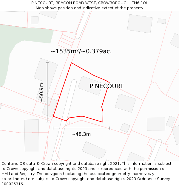 PINECOURT, BEACON ROAD WEST, CROWBOROUGH, TN6 1QL: Plot and title map