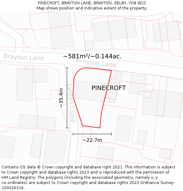 PINECROFT, BRAYTON LANE, BRAYTON, SELBY, YO8 9DZ: Plot and title map