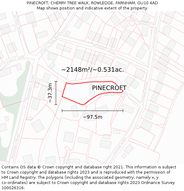 PINECROFT, CHERRY TREE WALK, ROWLEDGE, FARNHAM, GU10 4AD: Plot and title map