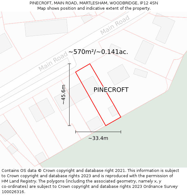 PINECROFT, MAIN ROAD, MARTLESHAM, WOODBRIDGE, IP12 4SN: Plot and title map