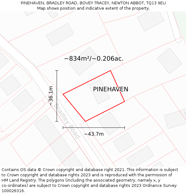 PINEHAVEN, BRADLEY ROAD, BOVEY TRACEY, NEWTON ABBOT, TQ13 9EU: Plot and title map