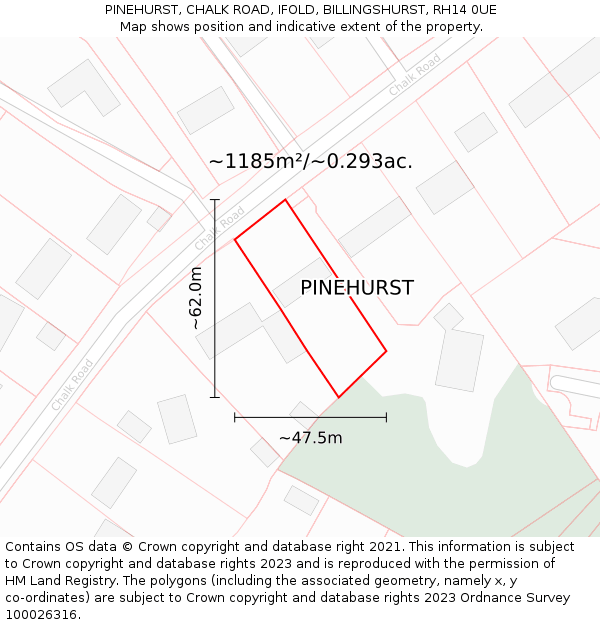 PINEHURST, CHALK ROAD, IFOLD, BILLINGSHURST, RH14 0UE: Plot and title map