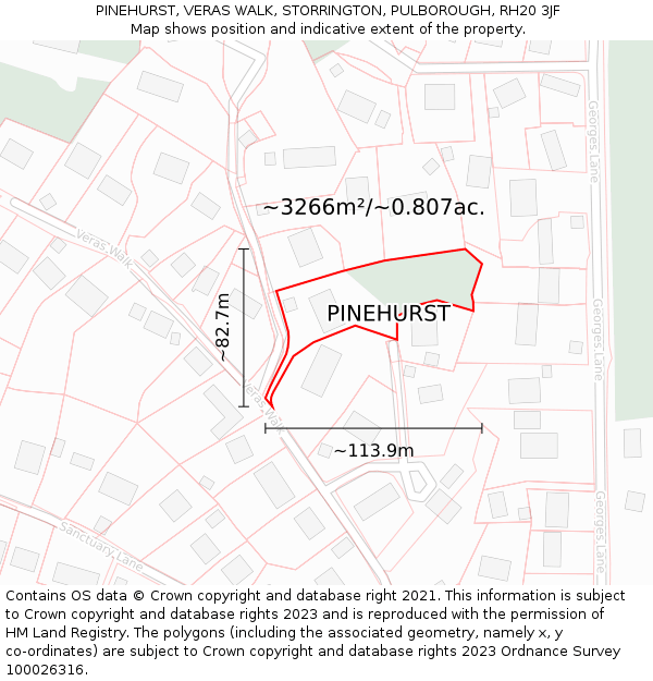 PINEHURST, VERAS WALK, STORRINGTON, PULBOROUGH, RH20 3JF: Plot and title map